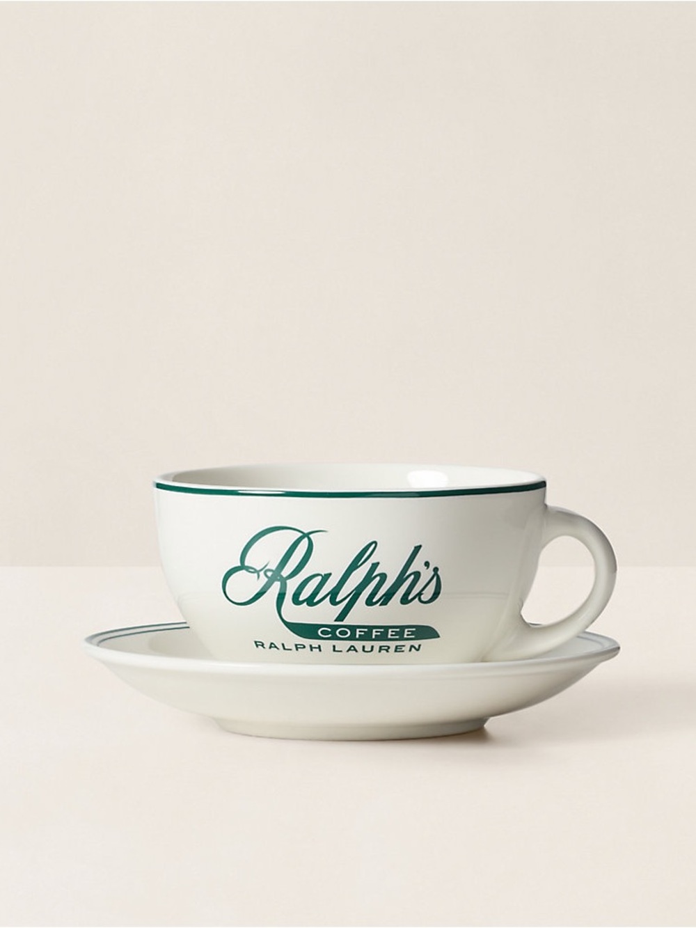 Ralph Lauren White Porcelain Coffee Cup & Saucer with Green Script Logo